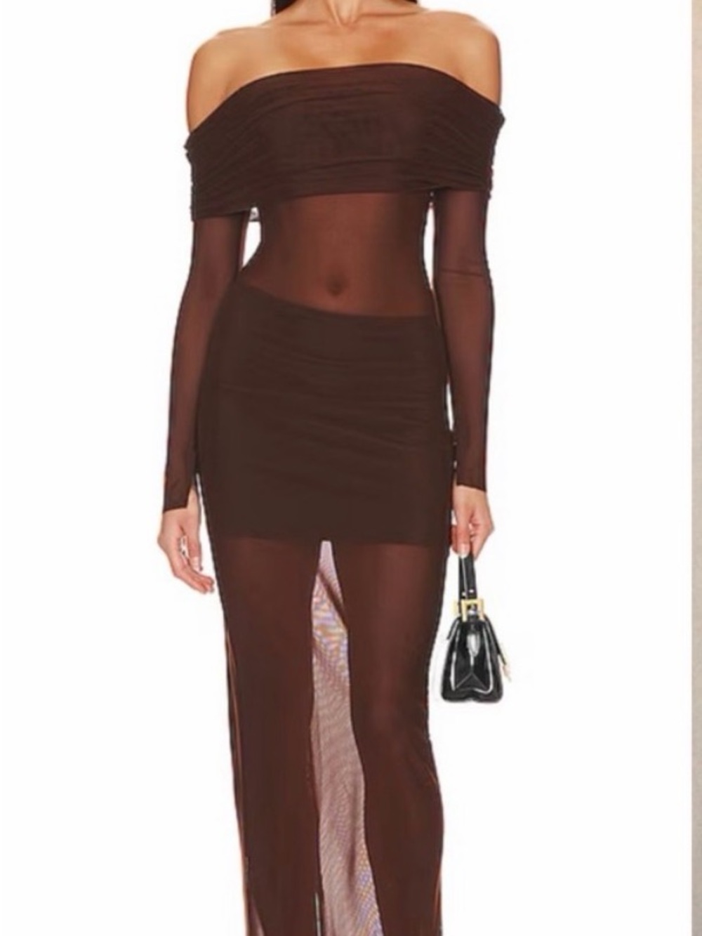 Lovers + Friends Chocolate Brown Off-Shoulder Sheer Maxi Dress
